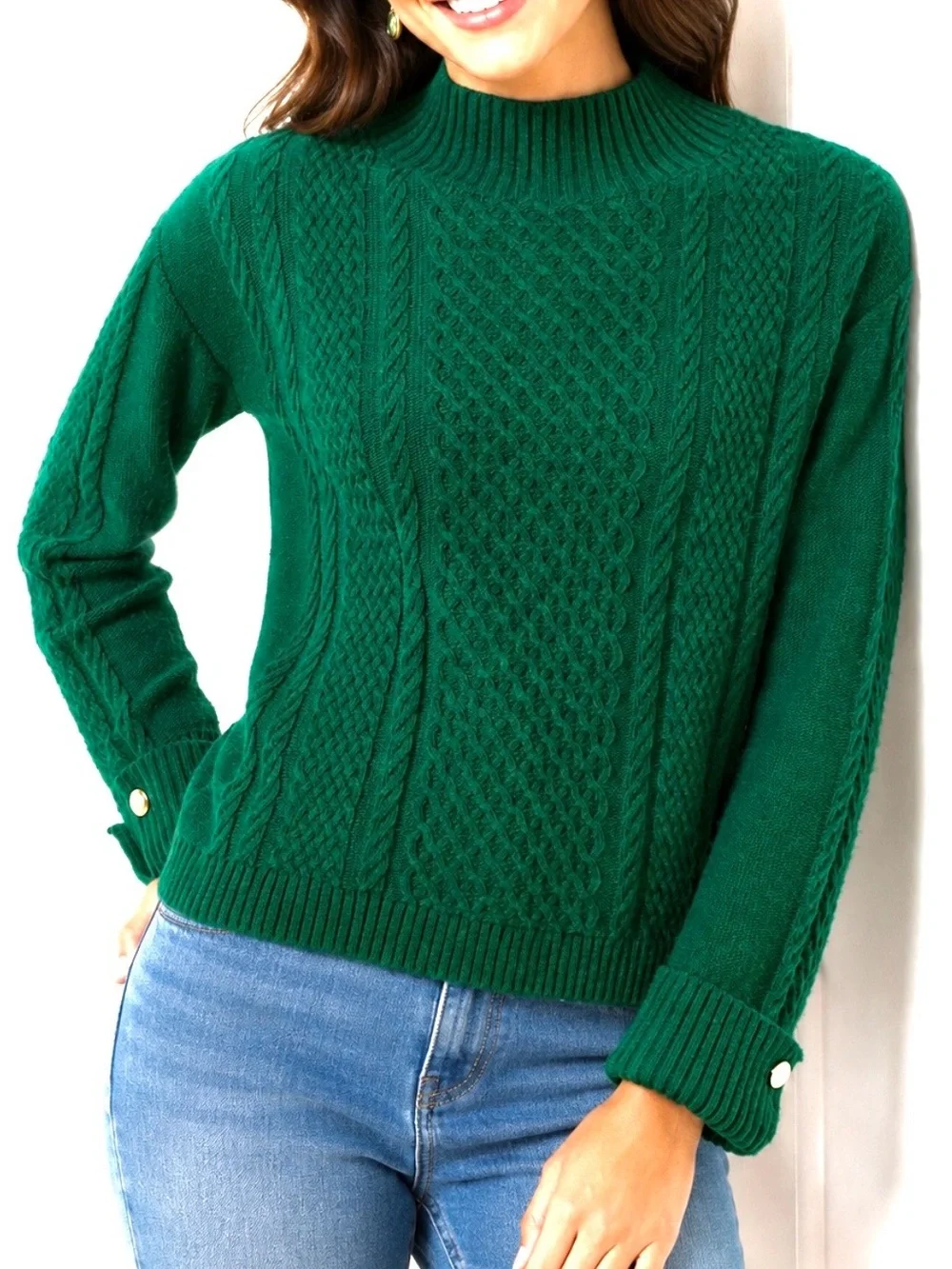 Talbots Emerald Green Cable Knit Sweater Size 0X Gold Button Cuff Mock Neck